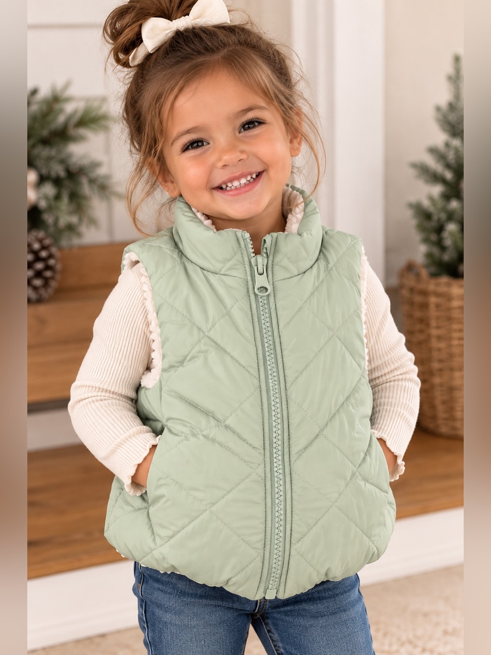 Bearpaw Girls 3T Quilted Puffer Vest Sherpa Lined Sage Green
